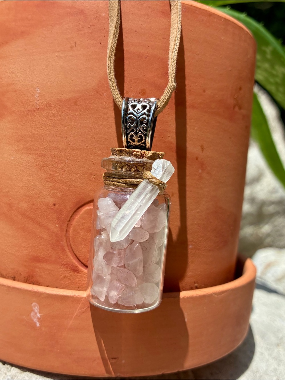 Rose Quartz Bottle Pendant Necklace - Unbranded